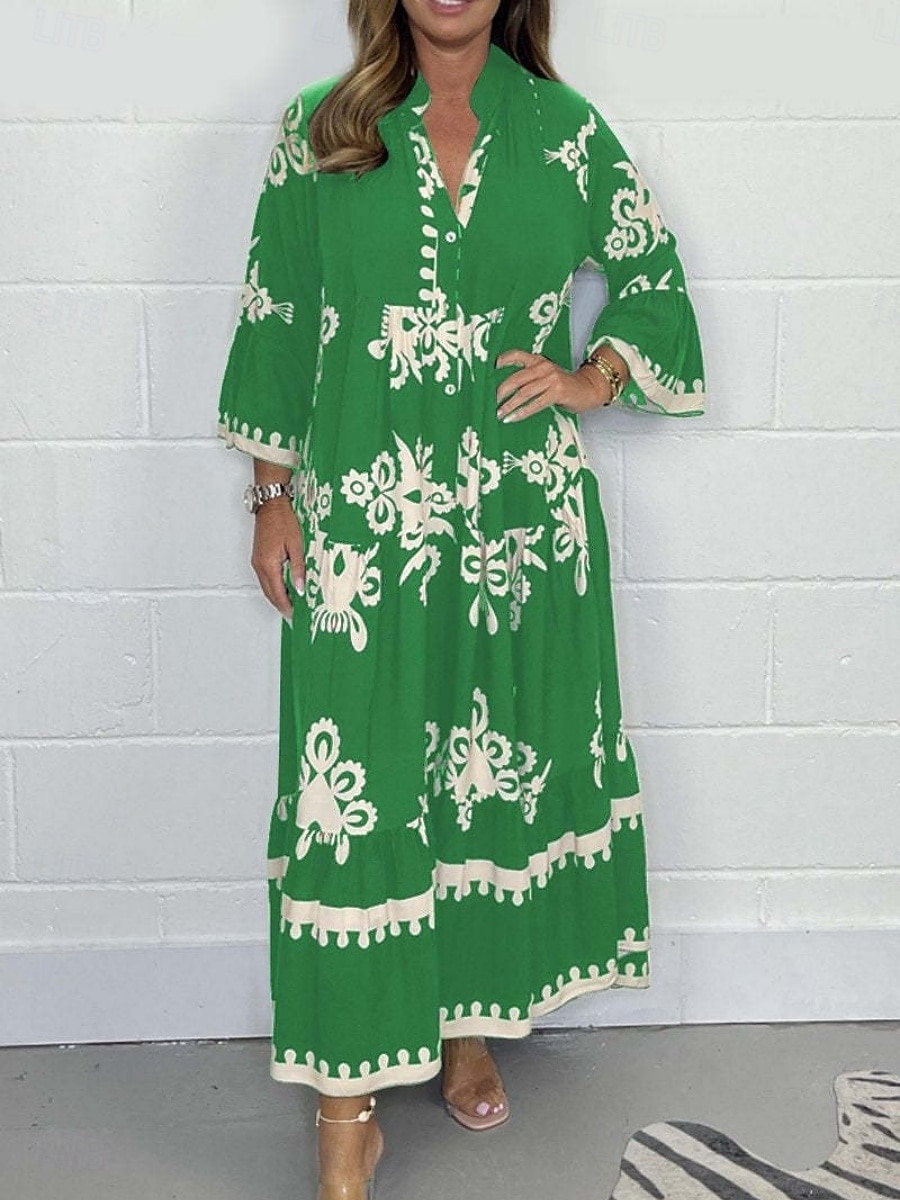 Dame Maxikjole Uformell kjole Boho elegante kjoler Boho-kjole Bohem Stilfull Fritid Feriereise Daglig Strand Løstsittende Grafisk 3/4 ermer V-hals Svart Rød Grønn Beige Sommer Vår 2025 - $34.99 –P4