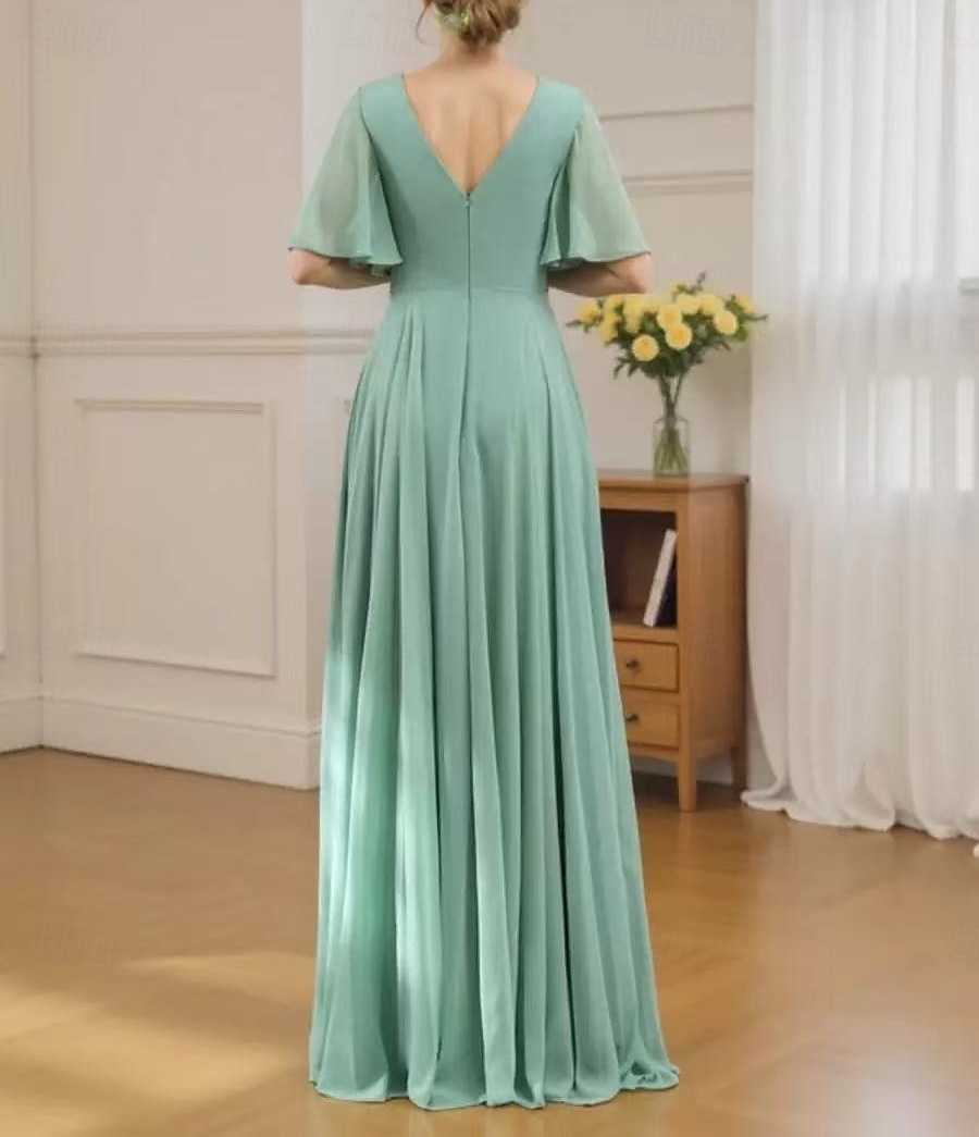 Linha A Vestido de Madrinha Decote V Manga Curta Frente Única Longo Chiffon / Elastano com Fru-Fru / Pregueado / Franzido 2022 de 2025 por $162.99 –P2