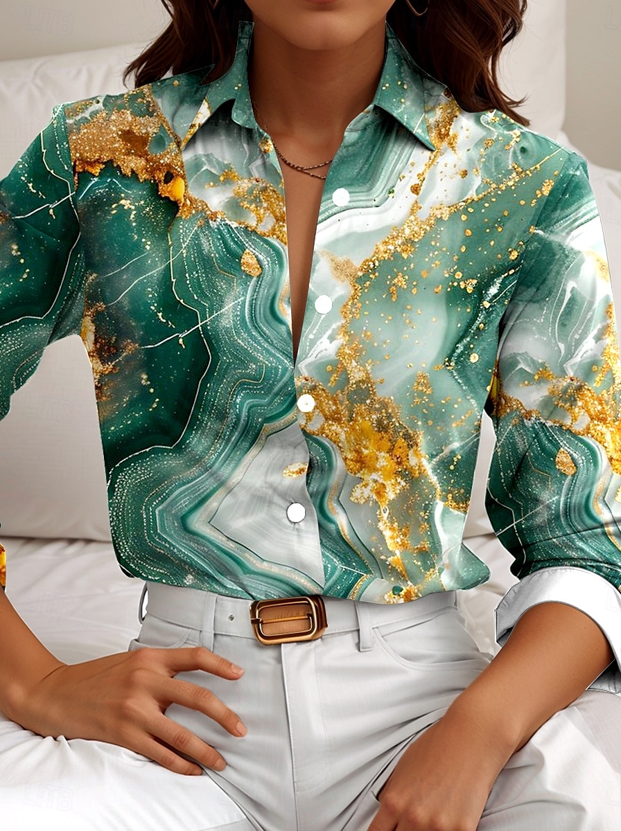 Chemise Femme Marbre Quotidienne Stylée À Manches Longues Col Hauts Quotidien Imprimé Boutons Vert Été Printemps de 2025 ? $32.99 –P1