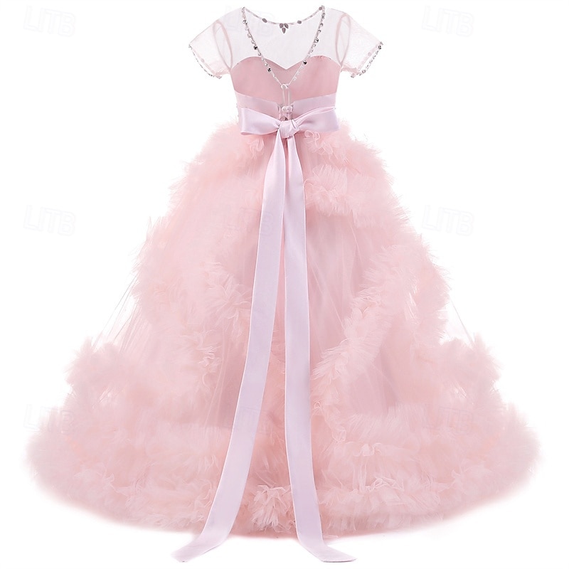 Vestido para Meninas das Flores Crianças Para Meninas Vestido de princesa Espetáculo Casamento Festa Elegante Lindo Com Transparência Côr Sólida Sem Manga Ombro a Ombro Branco Rosa 4 anos + de 2025 por $110.99 –P3