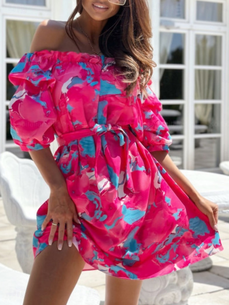 Women's Mini Dress Casual Dress A Line Dress Stylish Casual Vacation Daily Regular Fit Floral Half Sleeve Off Shoulder Red Blue Fuchsia Green Summer 2025 - $23.99 –P12