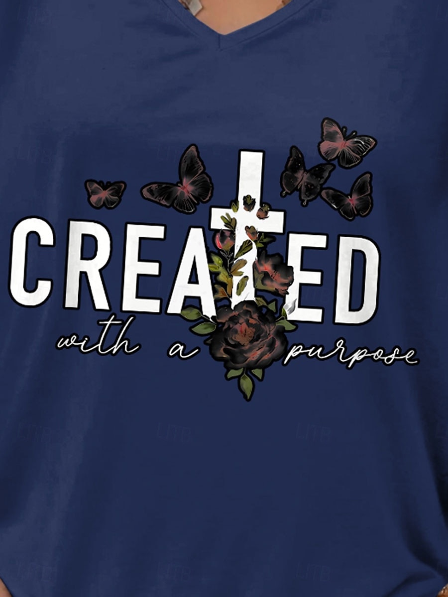 Dam T-shirt Reste sig Bokstav Stylish Ledigt Kortärmad V-hals Vanliga toppar Dagligen Mönster Blå Sommar 2025 - $19.99 –P3
