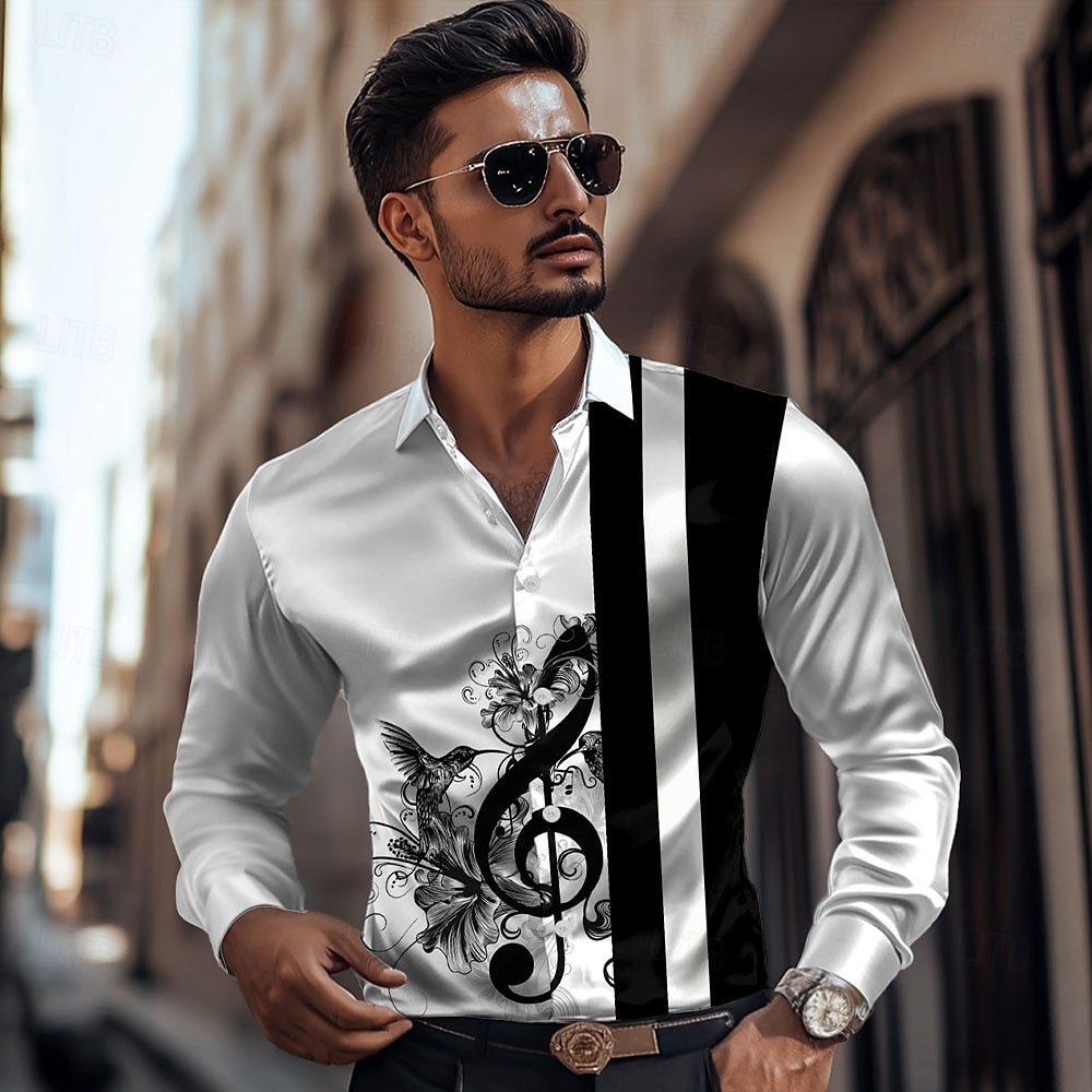 Men's Striped Musical Notes Satin Shirt Dress Shirt Button Up Shirt Long Sleeve Fashion Casual Vacation Daily Evening Party Summer Spring Fall Turndown Collared Shirts 3D Print White 2025 - $27.99 –P2