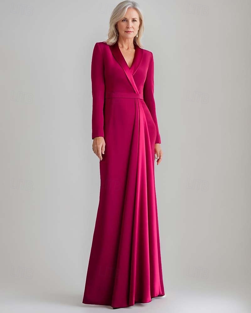 Abito a Sheath  Colonna Abito Madre della Sposa Abito Tuxedo Elegante Semplice V Neck Lunghezza Al Pavimento Satin Crepe Blazer Dress Manica Lunga con Colore Solido del 2025 a $159.99 –P1