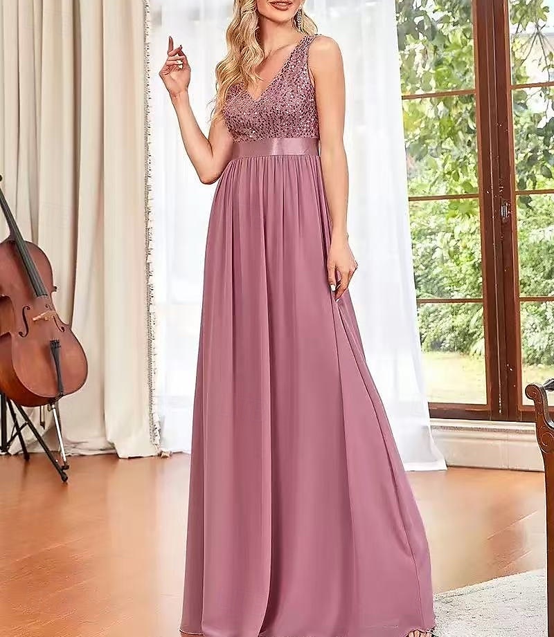 A-Line Bridesmaid Dress V Neck Sleeveless Pink Floor Length Chiffon / Spandex / Shantung with Sash / Ribbon / Sequin / Draping 2022 2025 - $162.99 –P1