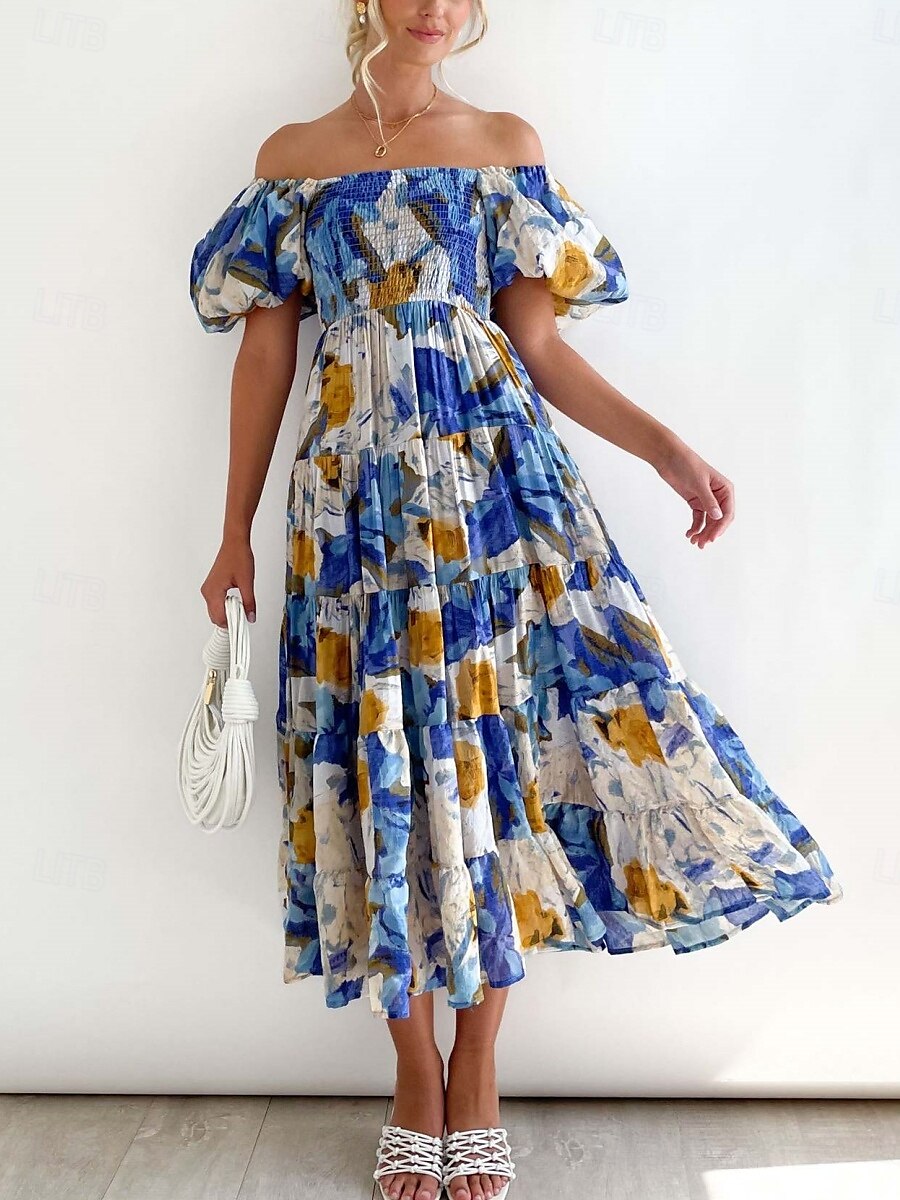 Femme Robe Maxi Robe casual Robe Évasée Robe Trapèze mode Décontractées Vacances du quotidien Standard Floral Manche Courte Epaules Dénudées Bleu Vert Eté de 2025 ? $36.99 –P4