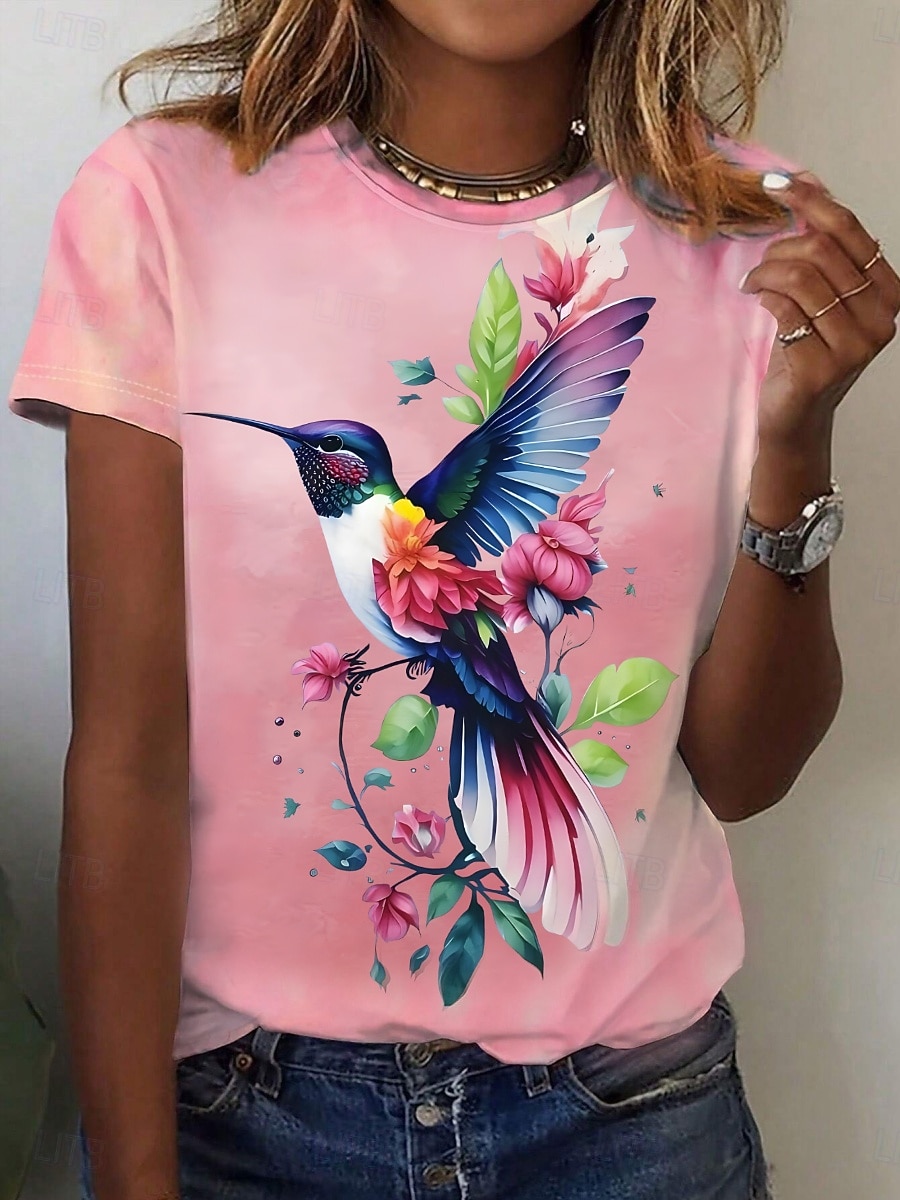 Women's T Shirt Print Floral Bird Casual Short Sleeve Round Neck Regular Tops Daily Pink Summer 2026 - $22.99 –P1