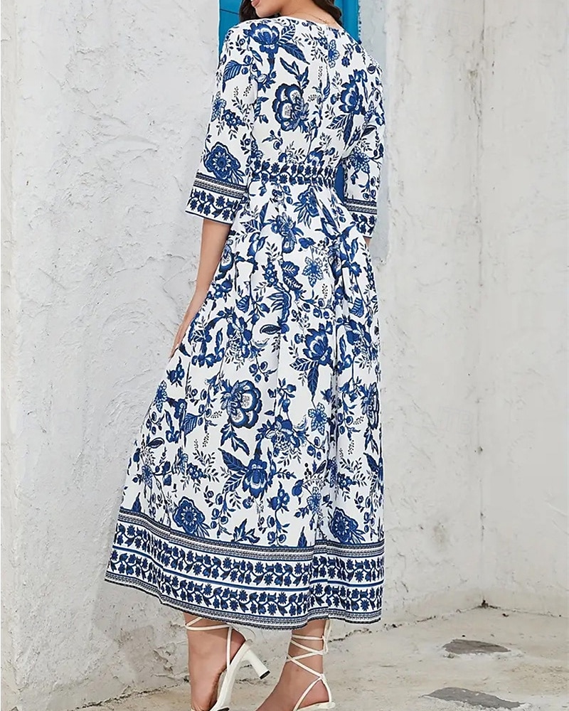 Dámské Midi šaty Áčkové šaty Letní šaty Boho šaty Elegantní stylové Geleneksel Dovolená Denní Rande Běžný Květinový 3/4 délka rukávu Do V Vodní modrá Léto 2025 - $25.99 –P4