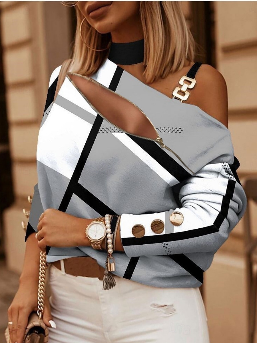 Dame Skjorte Bluse Geometrisk Stilfull Fritid Langermet Asymmetrisk Vanlige topper Daglig Lapper Trykt mønster Hvit Navyblå Kakifarget Grå Sommer Vår 2025 - $32.99 –P6