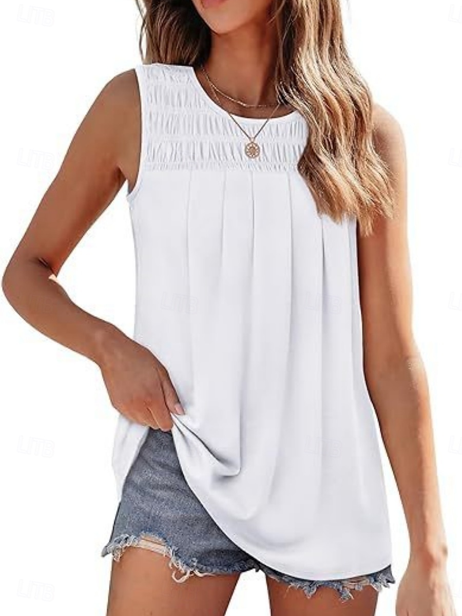 Dames Blouse Effen Kleur Basic Casual Mouwloos Strakke ronde hals Normale tops Dagelijks Met ruches Wit Blozend Roze Zomer 2025 - $22.99 –P5