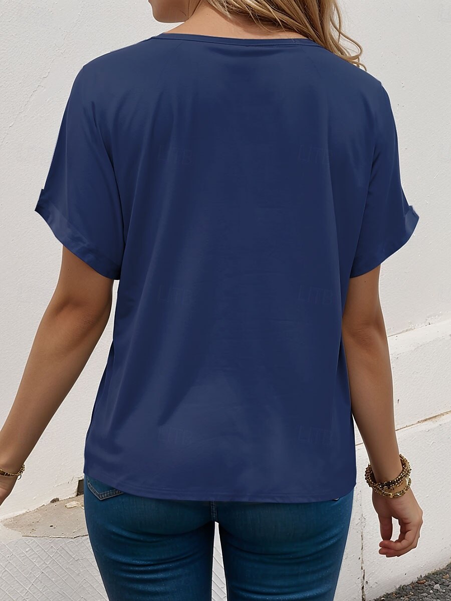 Dam T-shirt Reste sig Bokstav Stylish Ledigt Kortärmad V-hals Vanliga toppar Dagligen Mönster Blå Sommar 2025 - $19.99 –P2