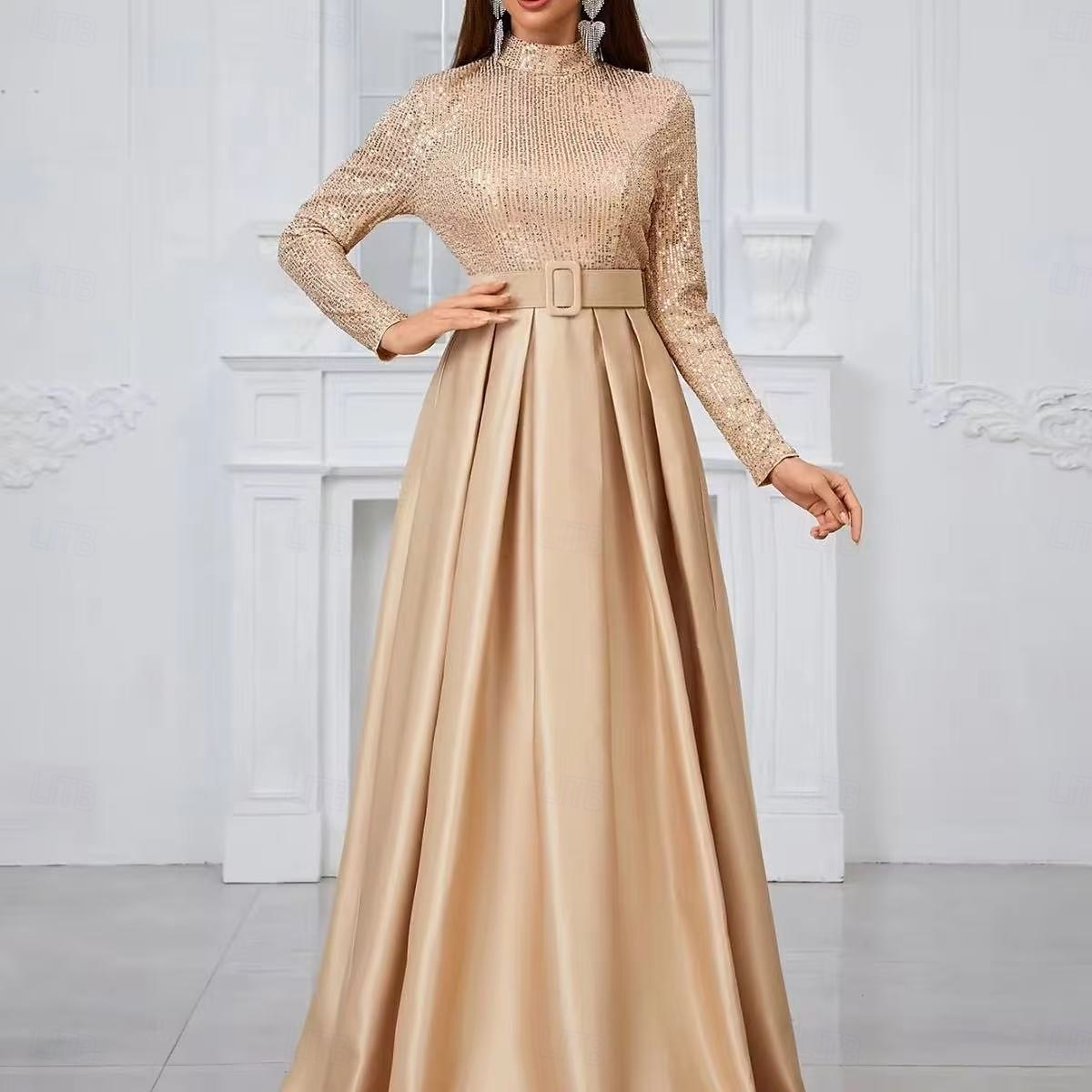 Rochie de seară tip A-Line rochie elegantă pentru petrecere rochie formală de gală cu lungime până la podea cu mânecă lungă cu gât rigid curea/sasch din amestec de bumbac cu spate cowl cu butoane 2025 - $167.99 –P3
