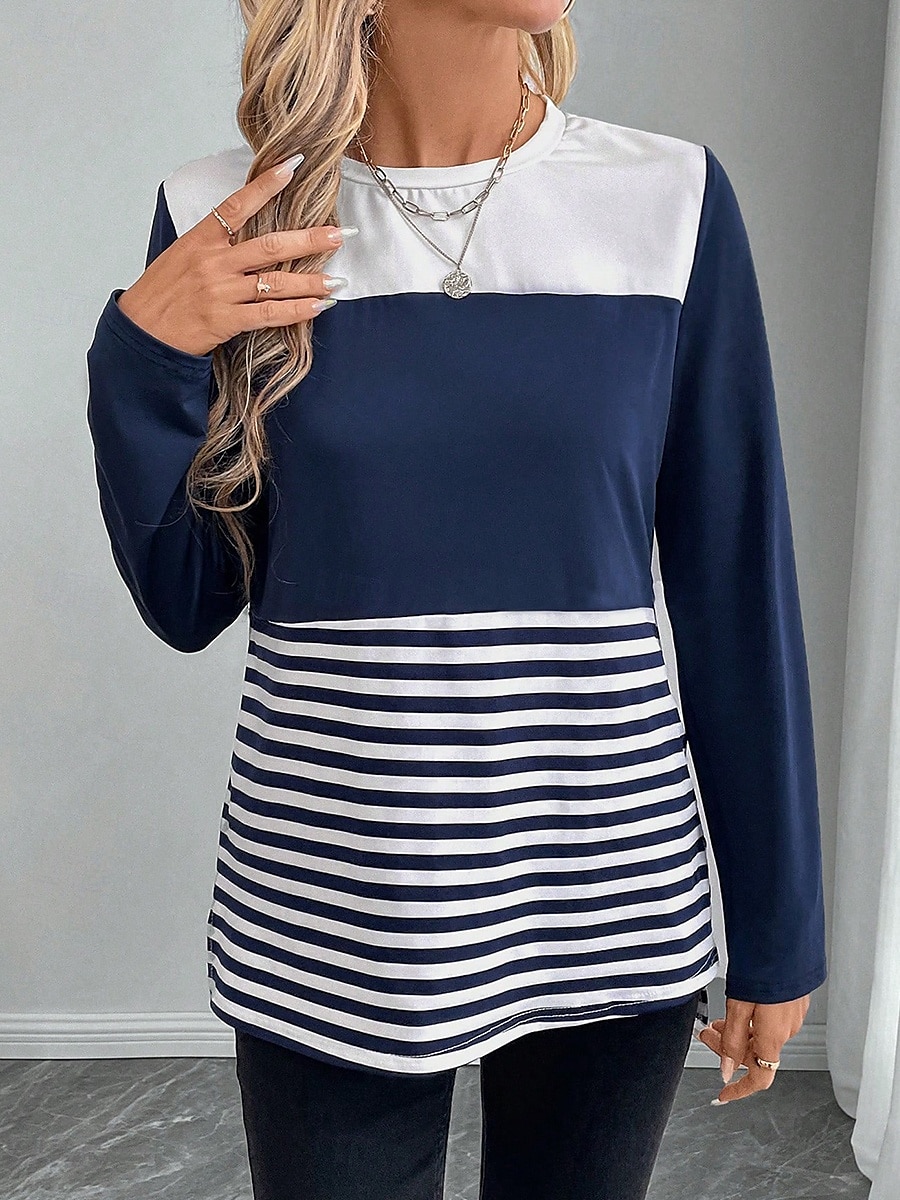 Pentru femei Tricou Dungi Casual Manșon Lung Stil Nautic Topuri obișnuite Zilnic Imprimeu Albastru piscină Primăvară Toamnă 2025 - $22.99 –P1