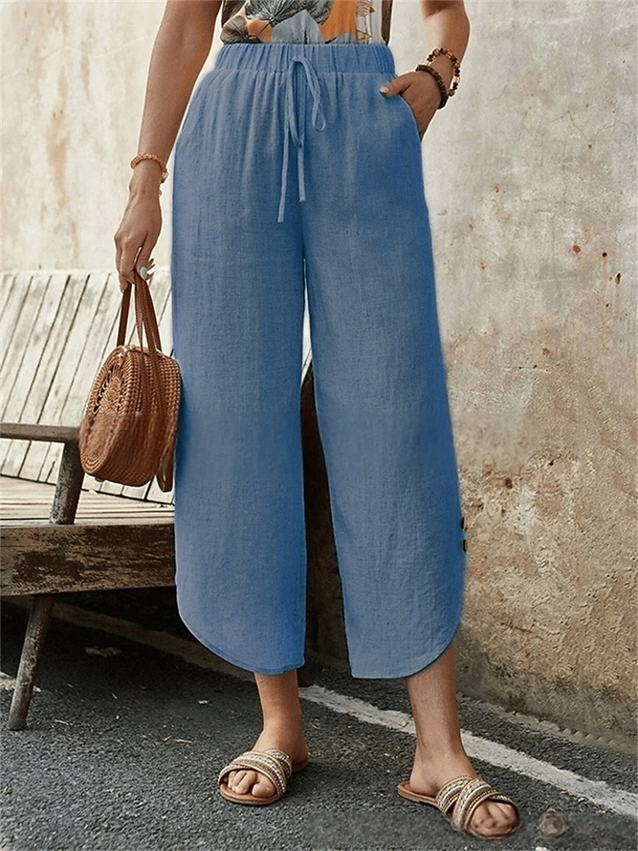 Dam Kinesiska Mode Streetwear Ankellång Hög midja Slät Snörning Ficka Bekväm Mjuk Microelastisk Utomhus Gata Marin Svart Mandel Armégrön Sommar Vår Lös passning 2026 - $18.99 –P8