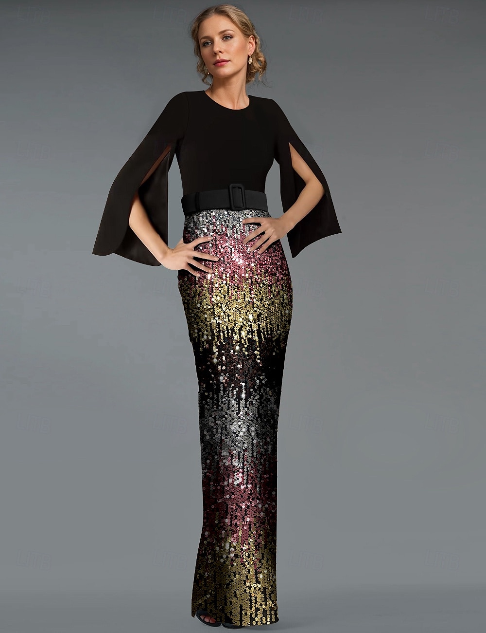 Meerjungfrau/Trompete Abendkleid elegantes Kleid Ombre formelle Partykleidung bodenlang Langarm V-Ausschnitt Gürtel/Schärpe mit Pailletten und Schlitz 2025 2025 - $205.99 –P6