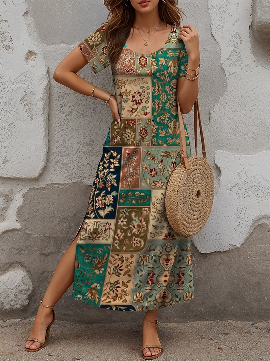 Damen Maxikleid Freizeitkleid Boho Chic Kleider Maxidress Sommerkleid Bohemien Niedlich Stilvoll Urlaub Täglich Strand Normale Passform Grafik Kurzarm Rundhalsausschnitt Grün Sommer Frühling 2025 - $27.99 –P1