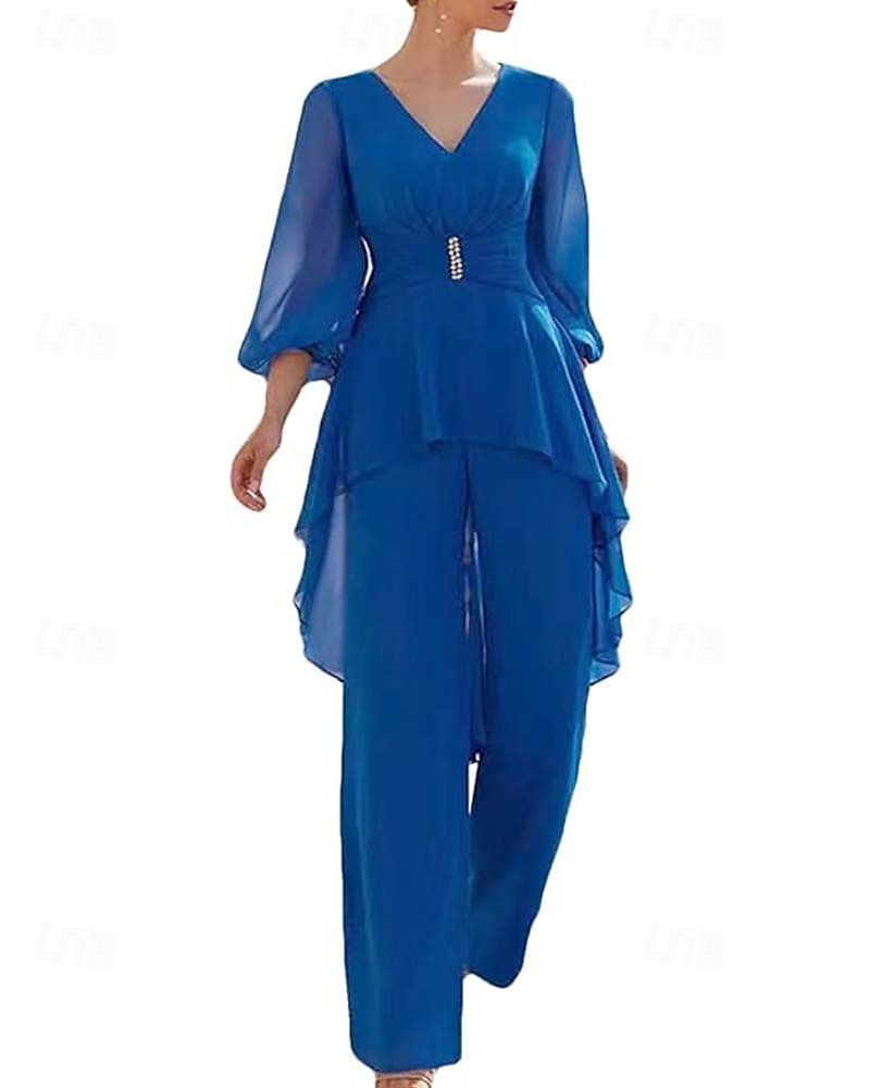 Jumpsuit / Pantsuit Mother of the Bride  Formal Wedding Guest Elegant Simple V Neck Floor Length Chiffon 3/4 Length Sleeve Wrap Included with Solid Color 2025 2025 - $178.99 –P4