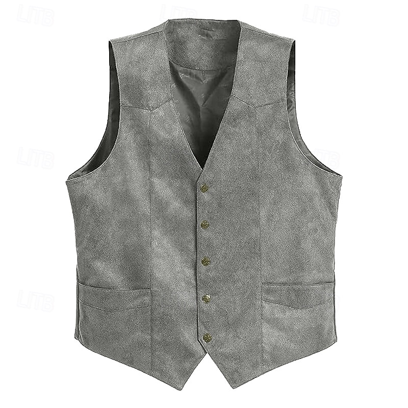 Homme Gilet en daim Usage quotidien Vacances Sortie Style vintage Chic et moderne Printemps & Automne Bouton Polyester Confortable Plein Boutonnage Simple Col V Standard Noir Marron Café Gris Gilet de 2025 ? $39.99 –P8