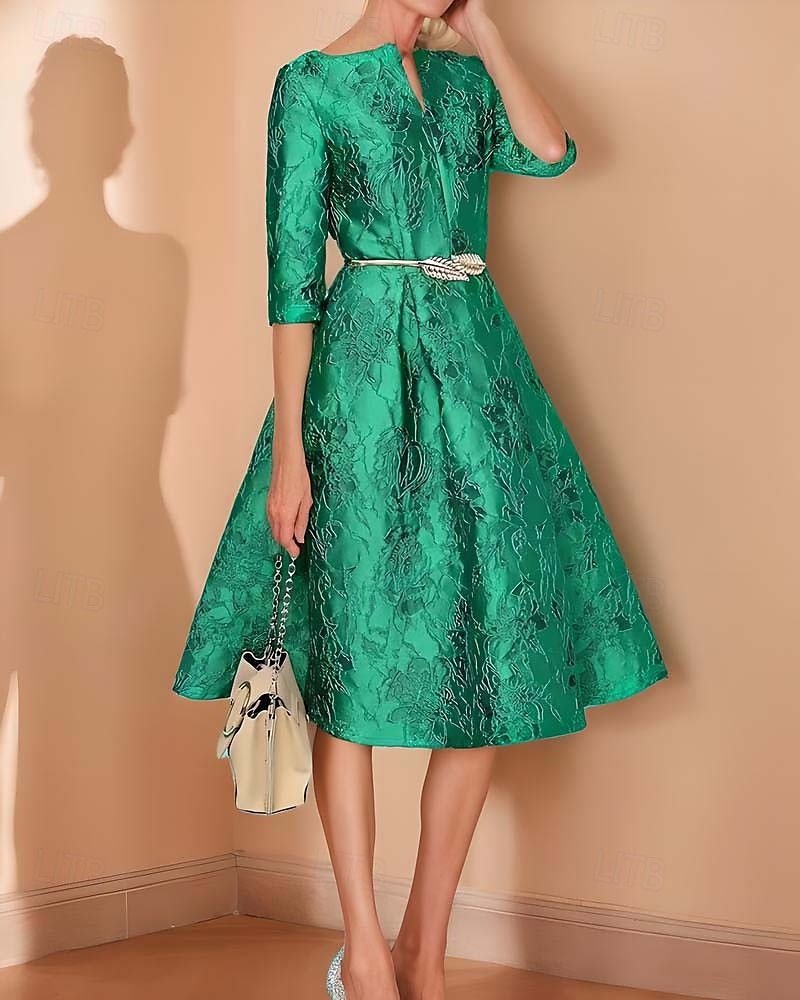 Robe mère de la mariée A-Line élégante minimaliste à col en V longueur thé en jacquard à demi-manches avec ceinture embellie robe de jour de course robe invitée de mariage de 2025 ? $190.99 –P1