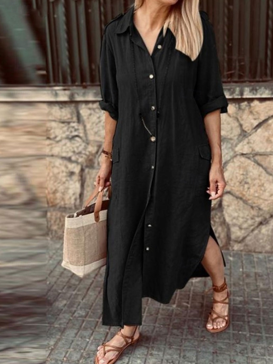 Жен. Длинное платье Платья из хлопка и льна Повседневное платье Элегантный стиль Стиль Классический Отпуск Повседневные Свидание Свободное облегание Полотняное плетение Длинный рукав 2025 - $36.99 –P7