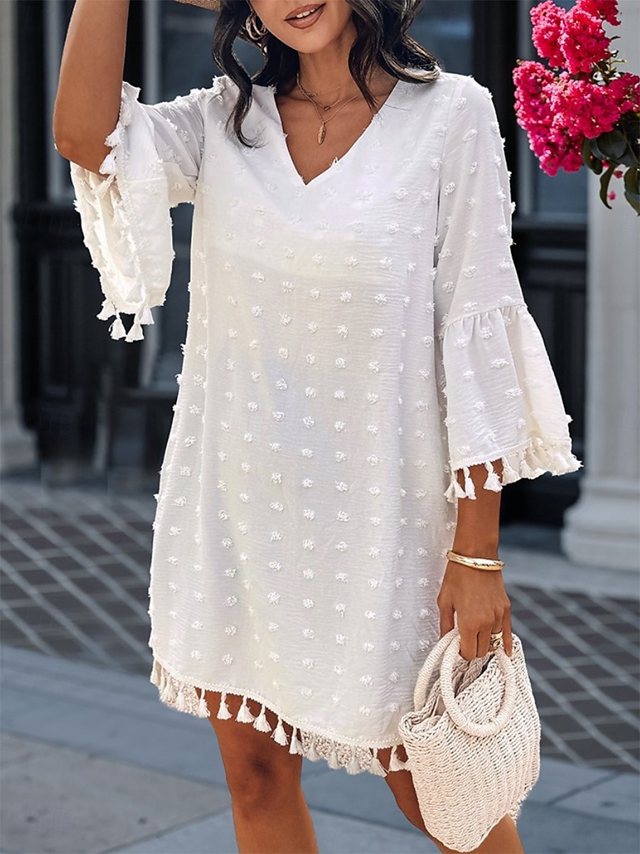 Damen Minikleid Weißes Kleid Brautkleider schlicht Ausgestellter Ärmel Urlaub Täglich Lockere Passform 3/4 Ärmel V Ausschnitt Weiß Hellgrün Sommer 2025 - $31.99 –P6