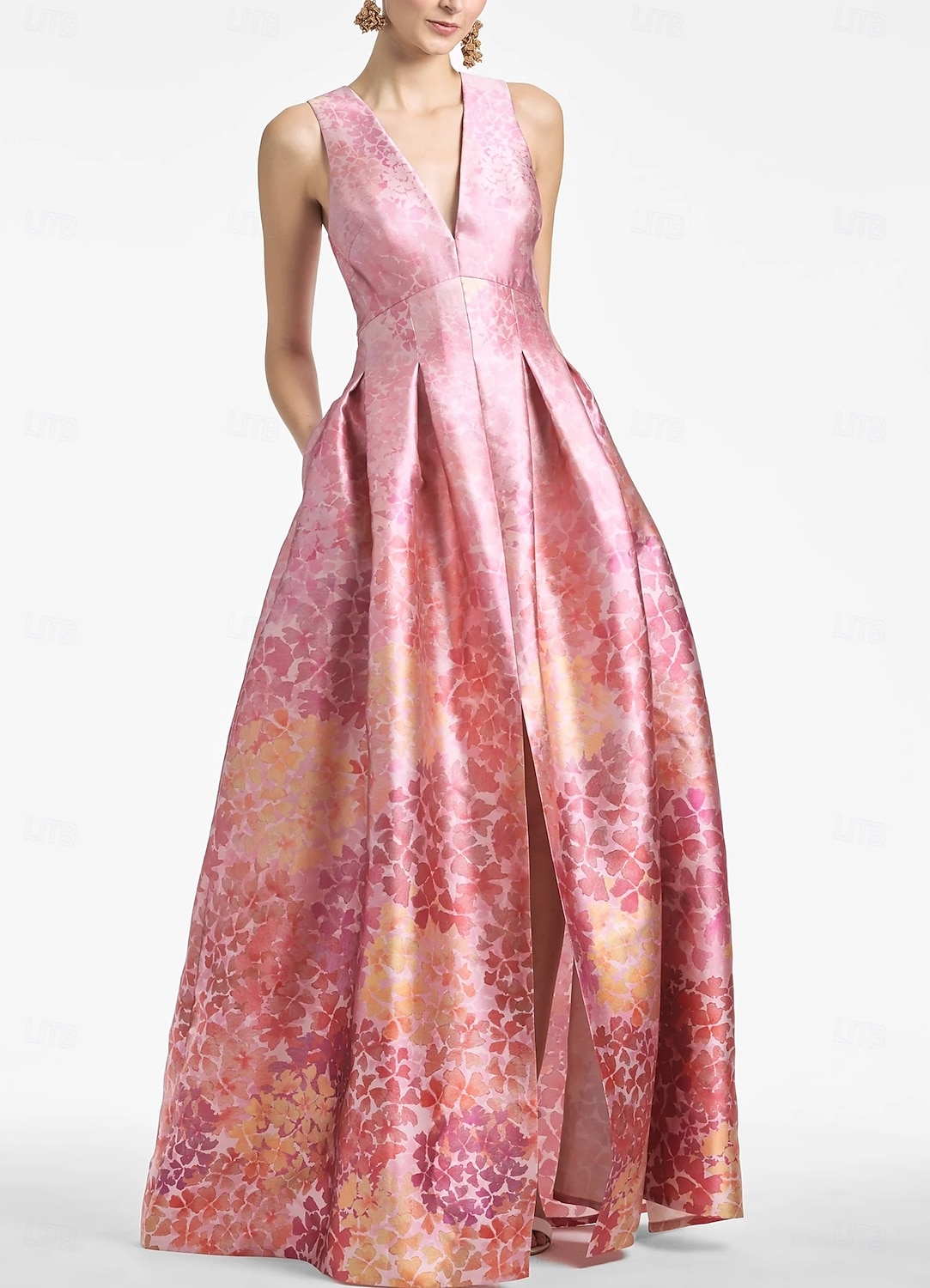 A-linjig Aftonklänning Hög Slits Klänning Strand Bröllop Formell Bröllop Gäst Golvlängd Ärmlös V-hals Ficka Satin med Blommönster Slits Ficka Derby Klänning Racedag Klänning Bröllop Gäst Klänning 2025 2025 - $144.99 –P1