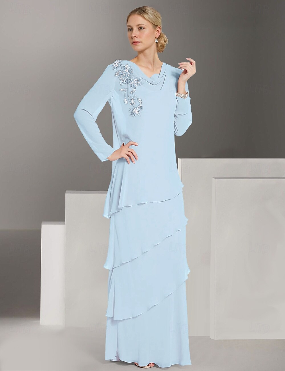 Jackenkleid Brautmutter Langarm mit Spitzen-Rüschen Chiffon Elegant Vintage Rundhals Bodenlang Kleid Cascading Rüschen 2025 - $183.99 –P1