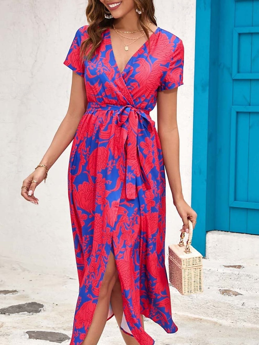 Femme Robe Maxi Robe casual Robe Portefeuille Robe Trapèze mode Décontractées Vacances du quotidien Standard Floral Manche Courte Col V Rose Claire Rouge Eté de 2025 ? $27.99 –P4
