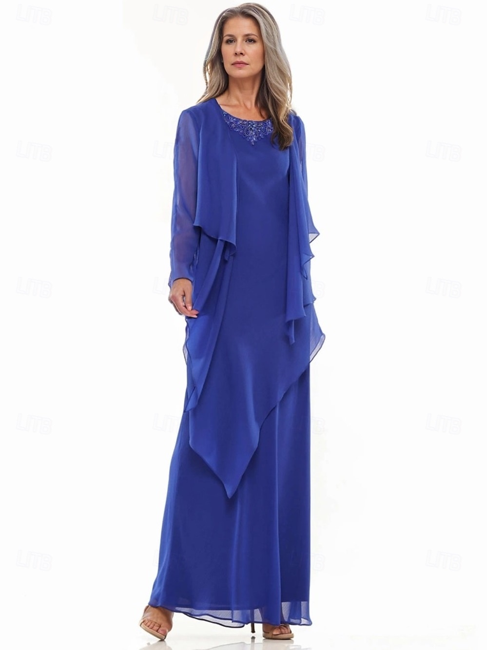 A-Linie Kleid Kleid Sets Brautmutter Kleid Elegant Einfach Rundhalsausschnitt Bodenlang Chiffon Langärmel mit Perlen tierende Rüschen 2025 2025 - $155.99 –P6