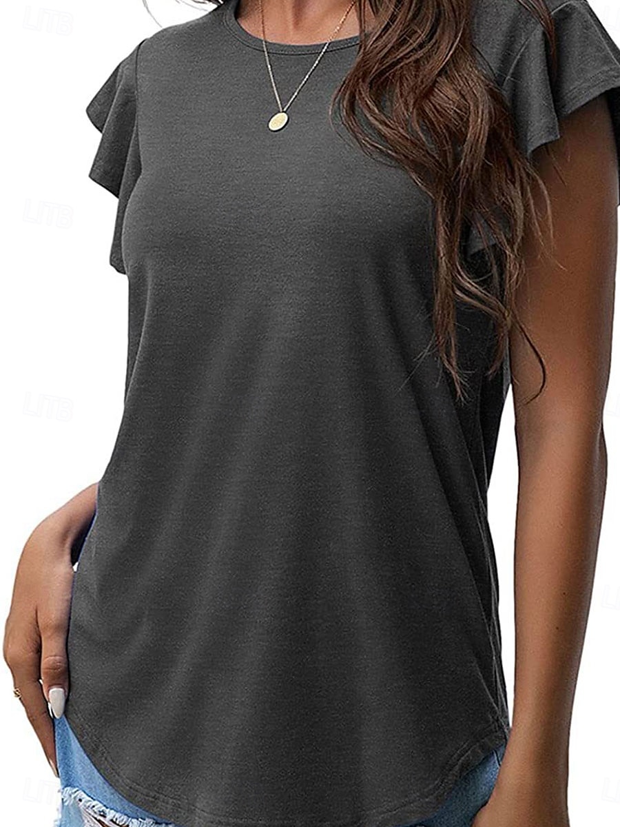 Women's T Shirt Plain Fashion Modern Casual Short Sleeve Crew Neck Regular Tops Daily Weekend Ruffle Black Pink Gray Summer Spring 2025 - $21.99 –P10