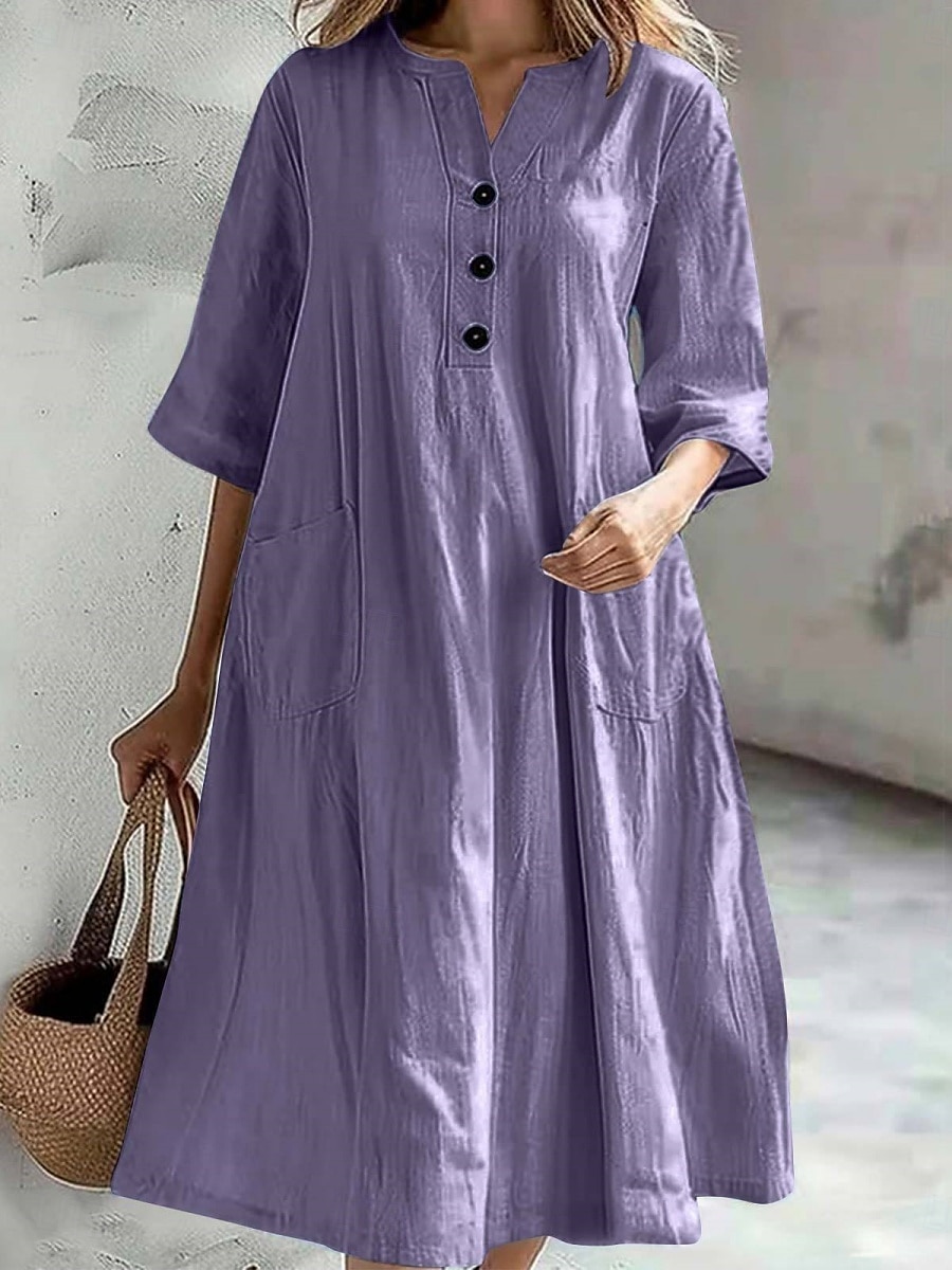 Women's Midi Dress Cotton Linen Dresses Basic Casual Vacation Daily Regular Fit Plain 3/4 Length Sleeve Notched Neck Black Red Purple Light Blue Summer 2025 - $22.99 –P10