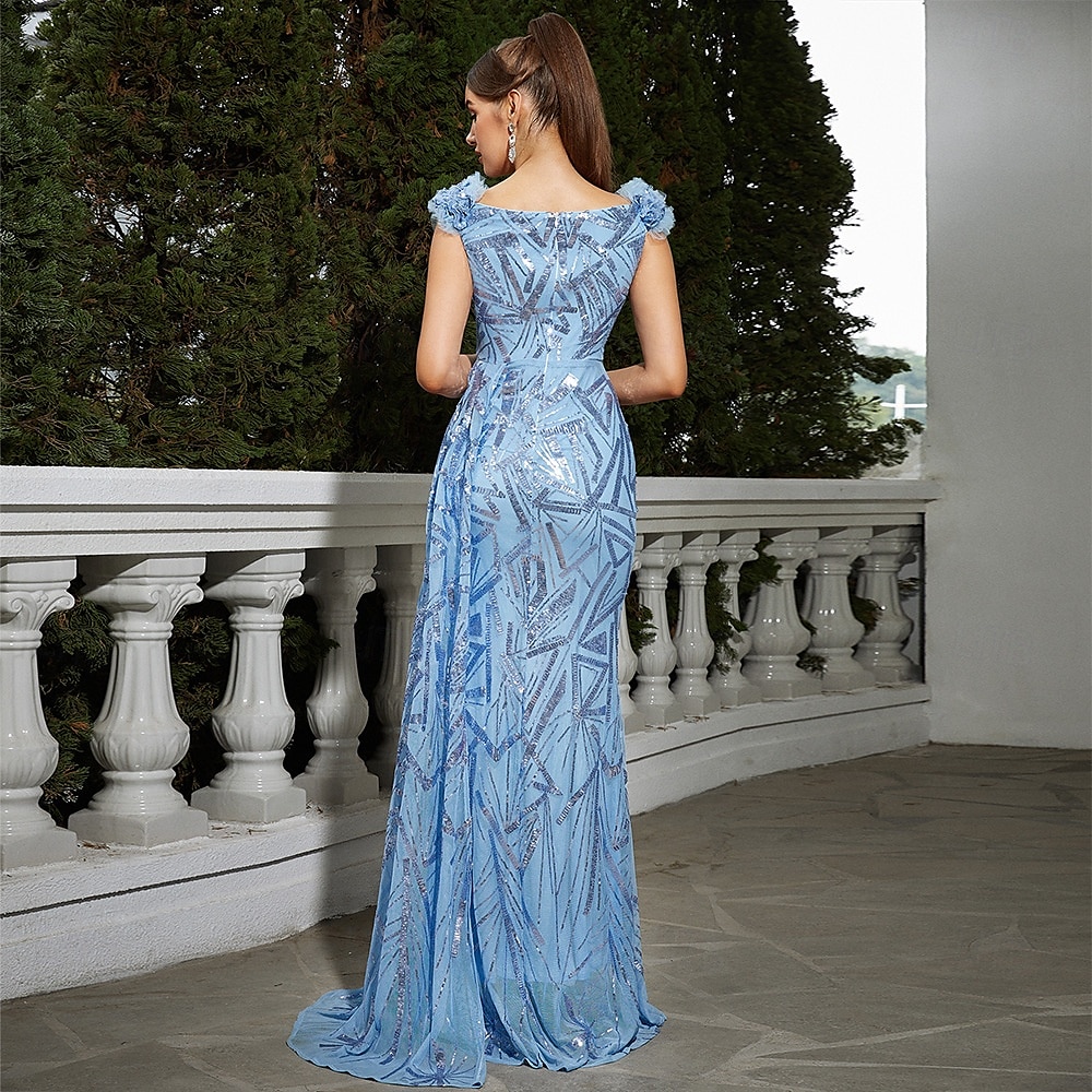 Trompete / Meerjungfrau Abendkleider Glänzend Kleid Formal Hochzeit Boden-Länge Ärmellos V Ausschnitt Chiffon mit Glitzer Schulterblume 2025 2025 - $124.99 –P2