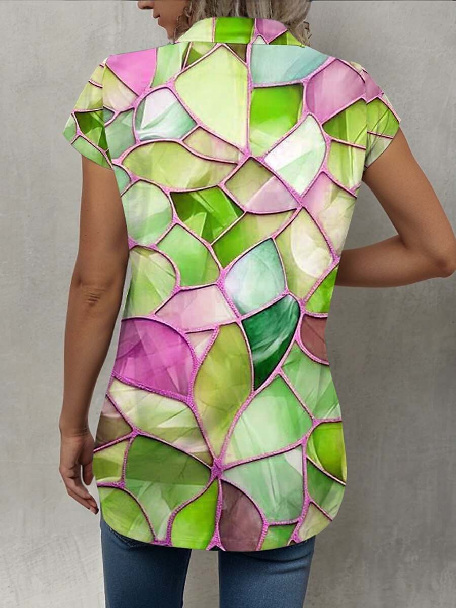 Dames Overhemd Geometrisch Dagelijks Korte mouw Kap Overhemdkraag Lange tops Dagelijks Groen Zomer 2025 - $25.99 –P2