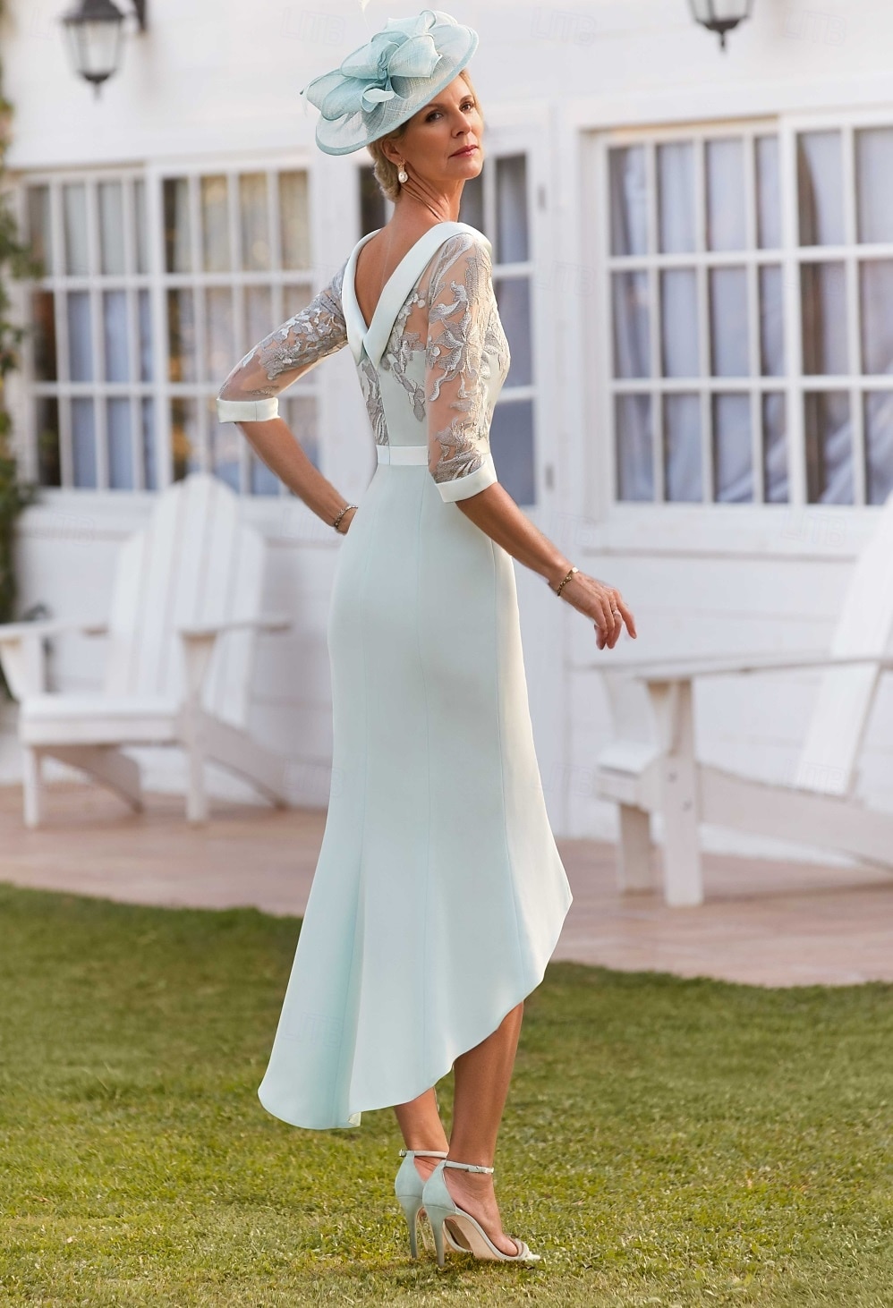 Abito a Sirena  Tromba per la Madre della Sposa Abito Elegante Vintage Collo Gioiello Asimmetrico Lunghezza Tè Tessuto Estensibile Maniche Corte con Pizzo Abito Derby per la Giornata delle Corse 2025 del 2025 a $189.99 –P2