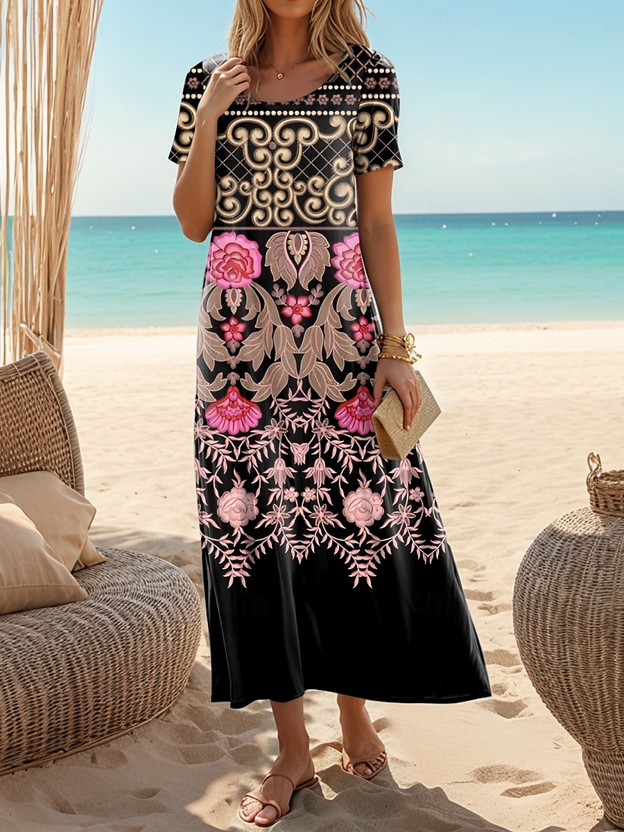 Damen Maxi Kleid Freizeitkleid Sommerkleid Shift Kleid Lässige Tägliche Lässige Passform Floral Kurzarm Rundhalsausschnitt Schwarz Sommer 2025 - $27.99 –P2