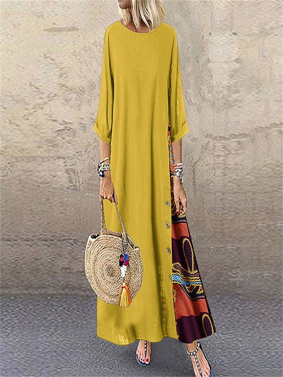 Damen Maxikleid Baumwoll-Leinen-Kleider Freizeitkleid Vintage Stilvoll Ethnisch Urlaub Täglich Lässiger Schnitt Blumen Dreiviertelarm Rundhalsausschnitt Gelb Wein Khaki Armeegrün Frühling Herbst 2025 - $26.99 –P5