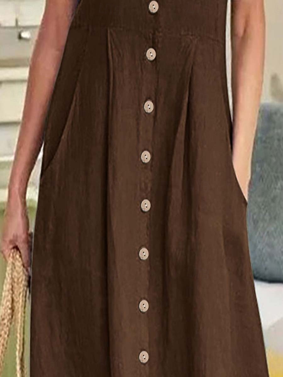 Damen Langes Kleid Maxikleid Leinen-inspirierte Kleider Baumwoll-Leinenkleid Hawaiianisch Normale Passform Einfarbig Kurzarm V Ausschnitt Dunkelbraun Weinrot Weiß Sommer Frühling 2025 - $26.99 –P2