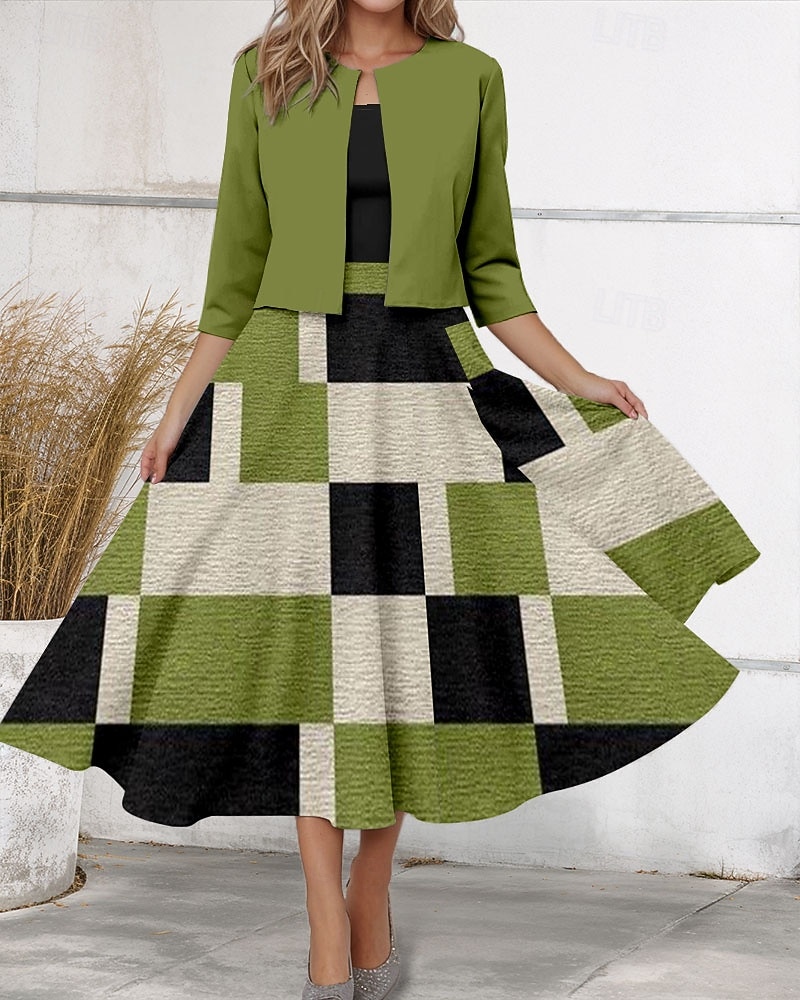 Damen Zwei-Teiler Kleid Sets Midi Kleid mit Jacke Elegantes A-Linien Kleid Halbarm Druck Kleid Vintage Farbblock Geometrischer Druck 3/4 Länge Ärmeln Rundhals Alltag Grün Frühling Herbst Regelmäßige 2025 - $36.99 –P1