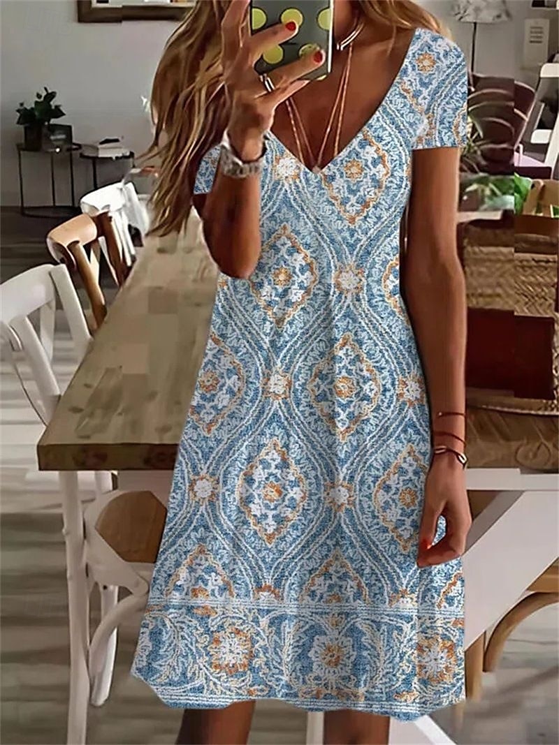 Women's Normal EU / US Size Midi Dress Long Sleeve Boho Dress Sundress Elegant Dress Elegant Bohemia Tropical Butterfly Sleeve Vacation Home Work Loose Fit Floral Geometric Short Sleeve V Neck Black 2025 - $23.99 –P4