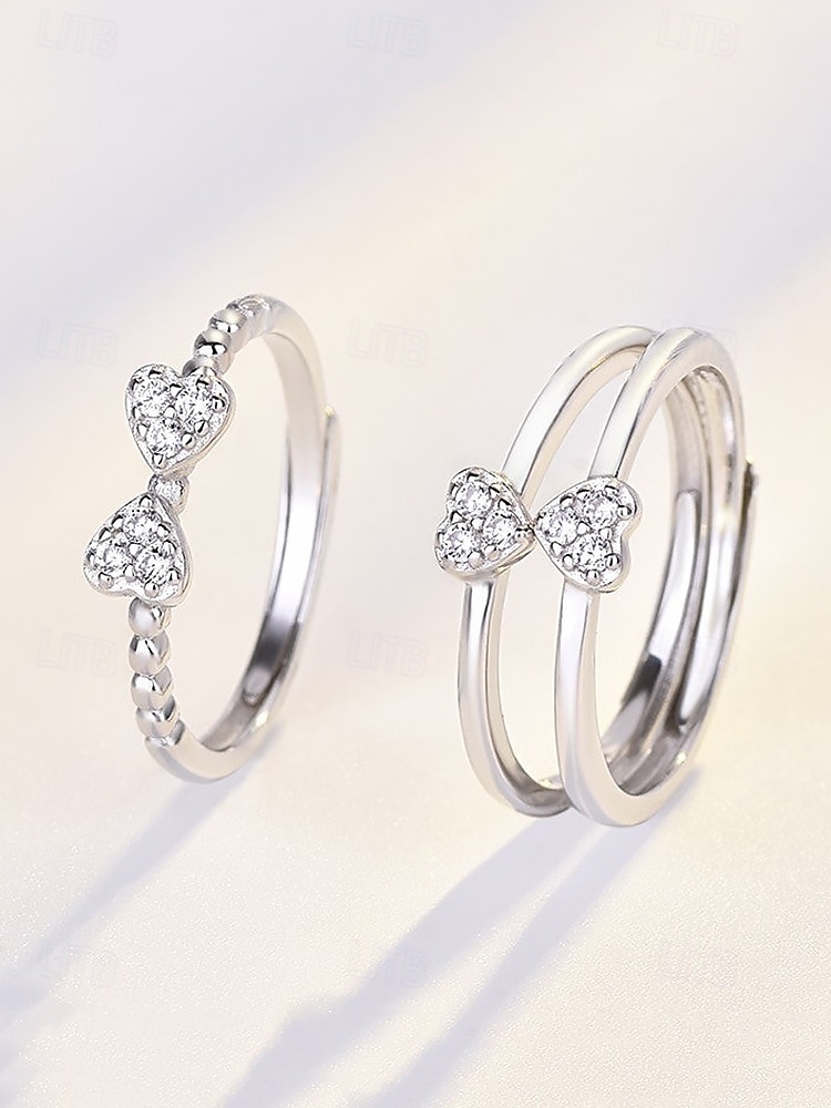 Stapelbares Herzring-Set aus Silber für Damen – elegantes, kristallverziertes Design für Verlobung, Jahrestag oder den Alltag 2025 - $9.99 –P5