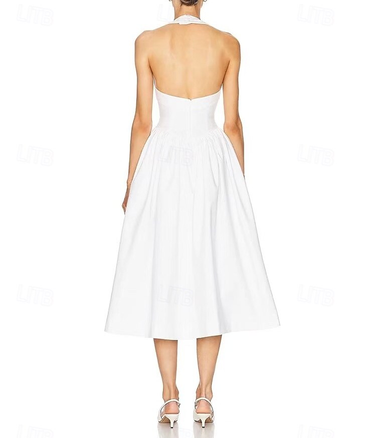 Spiaggia Piccola Laurea Abiti Bianchi Abiti da Sposa Neri A-Line Collo Halter Senza Maniche Lunghezza Tè Abiti da Sposa in Jersey con Pieghe Drappeggio 2025 del 2025 a $187.99 –P2