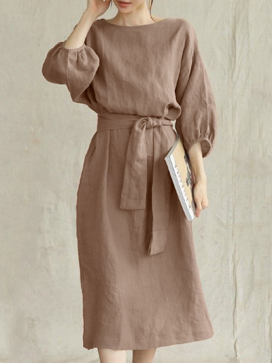 Damen Minikleid Baumwoll-Leinen-Kleider Freizeitkleid Basic Lässig Urlaub Täglich Normale Passform Einfach Dreiviertelarm Rundhalsausschnitt Marineblau Braun Khaki Armeegrün Sommer 2025 - $26.99 –P1