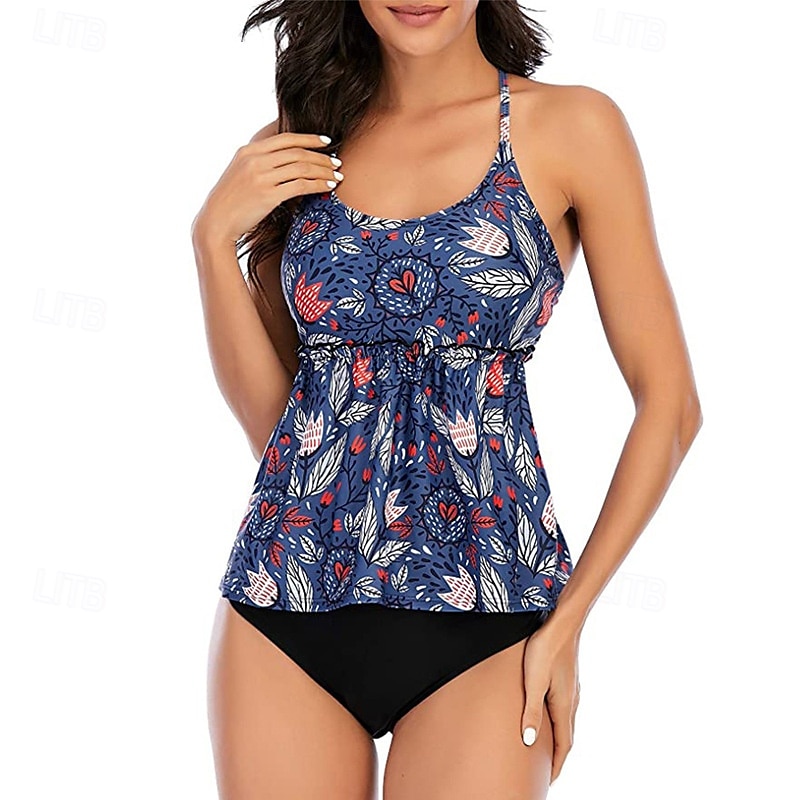 Femme Tankini Maillot De Bain Deux Pièces Dos Nu Maillots de Bain Floral Maillots de Bain Bleu Ciel Noir Respirable Séchage rapide Poids Léger Sans Manches - Natation Surf Plage Eté Printemps de 2025 ? $15.99 –P10