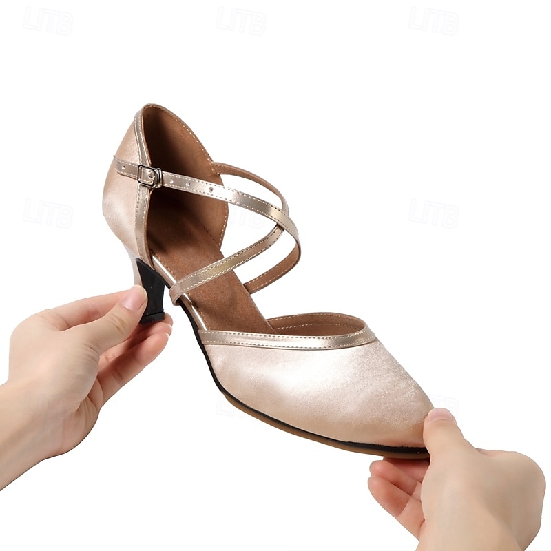 sapatos de dança fechados em cetim champanhe com design de tira cruzada para mulheres - ideais para dança de salão e social de 2025 por $46.99 –P1