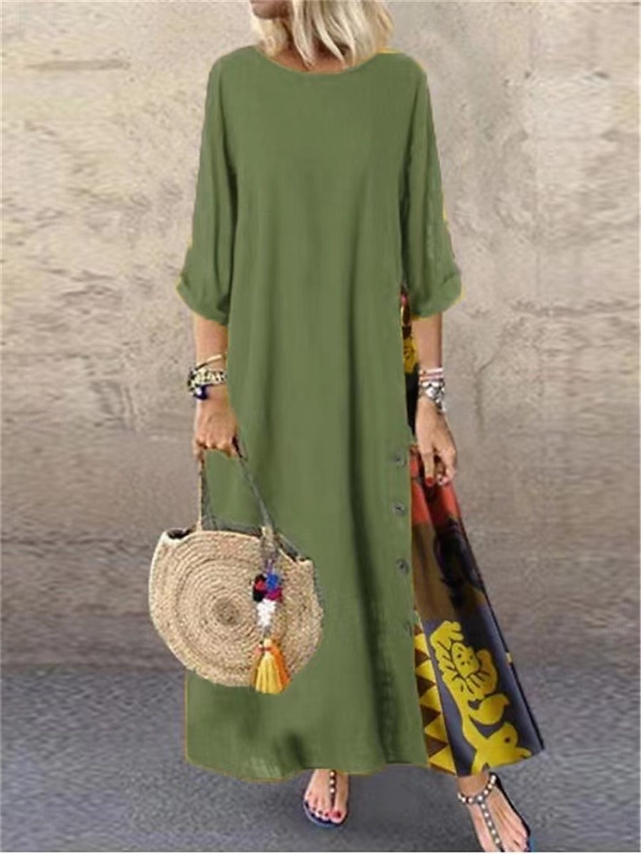 Damen Maxikleid Baumwoll-Leinen-Kleider Freizeitkleid Vintage Stilvoll Ethnisch Urlaub Täglich Lässiger Schnitt Blumen Dreiviertelarm Rundhalsausschnitt Gelb Wein Khaki Armeegrün Frühling Herbst 2025 - $26.99 –P1