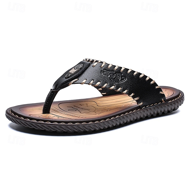 Chanclas vintage de piel sintética marrón para hombre: sandalias de verano con punta abierta hechas a mano con suela antideslizante para playa, viajes y uso informal 2025 - $29.99 –P3