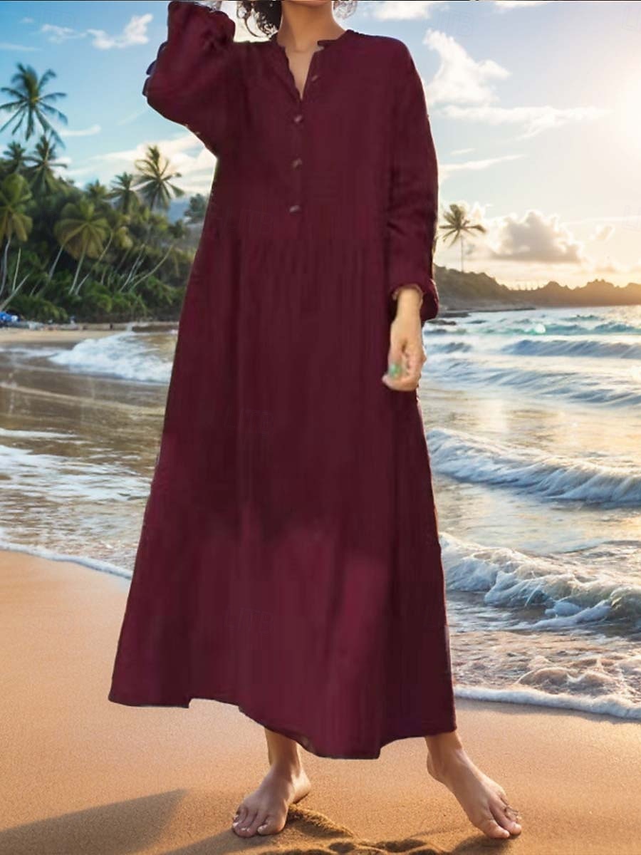 Damen Langes Kleid Maxikleid Leinen-inspirierte Kleider Baumwoll-Leinenkleid Hawaiianisch Normale Passform Einfarbig Langarm Rundhalsausschnitt Weinrot Beige Sommer Frühling 2025 - $32.99 –P1