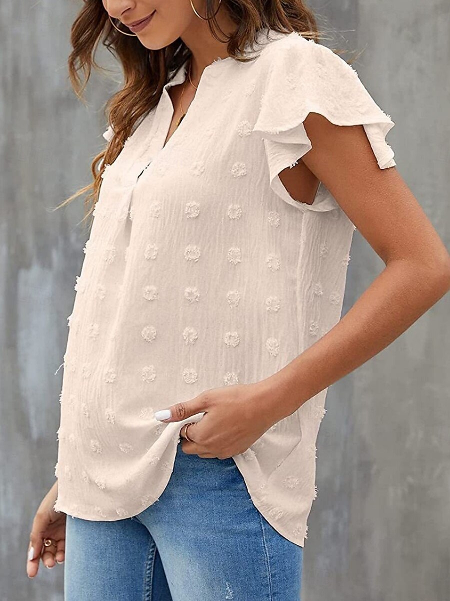 Femme Chemise Chemisier Couleur unie mode Décontractées Manche Courte Col cranté Hauts réguliers du quotidien A Volants Blanche Beige Eté de 2025 ? $23.99 –P8