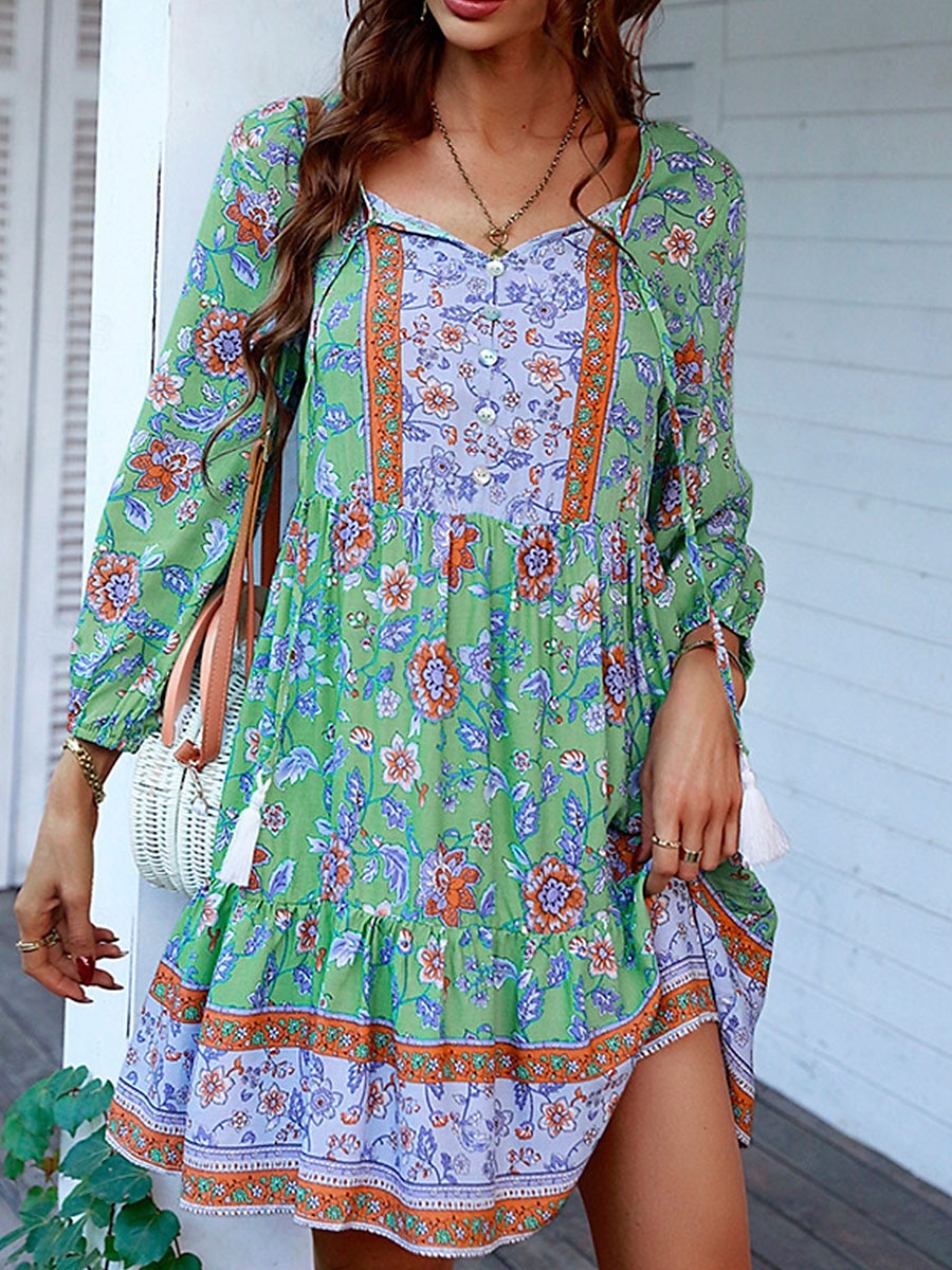 Damen Minikleid Casual kleid Boho Chic Kleider Boho-Kleid Böhmen Kuschelig Stilvoll Urlaub Täglich Strand Lockere Passform Graphic Langarm V Ausschnitt Rote Grün Frühling Herbst 2025 - $32.99 –P2