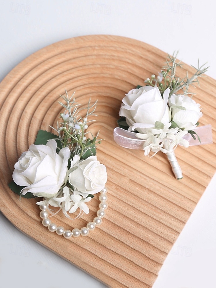 elegant vit ros handled corsage och boutonniere set - konstgjorda blommiga tillbehör för bröllop, tärnor och formella evenemang 2026 - $7.99 –P5